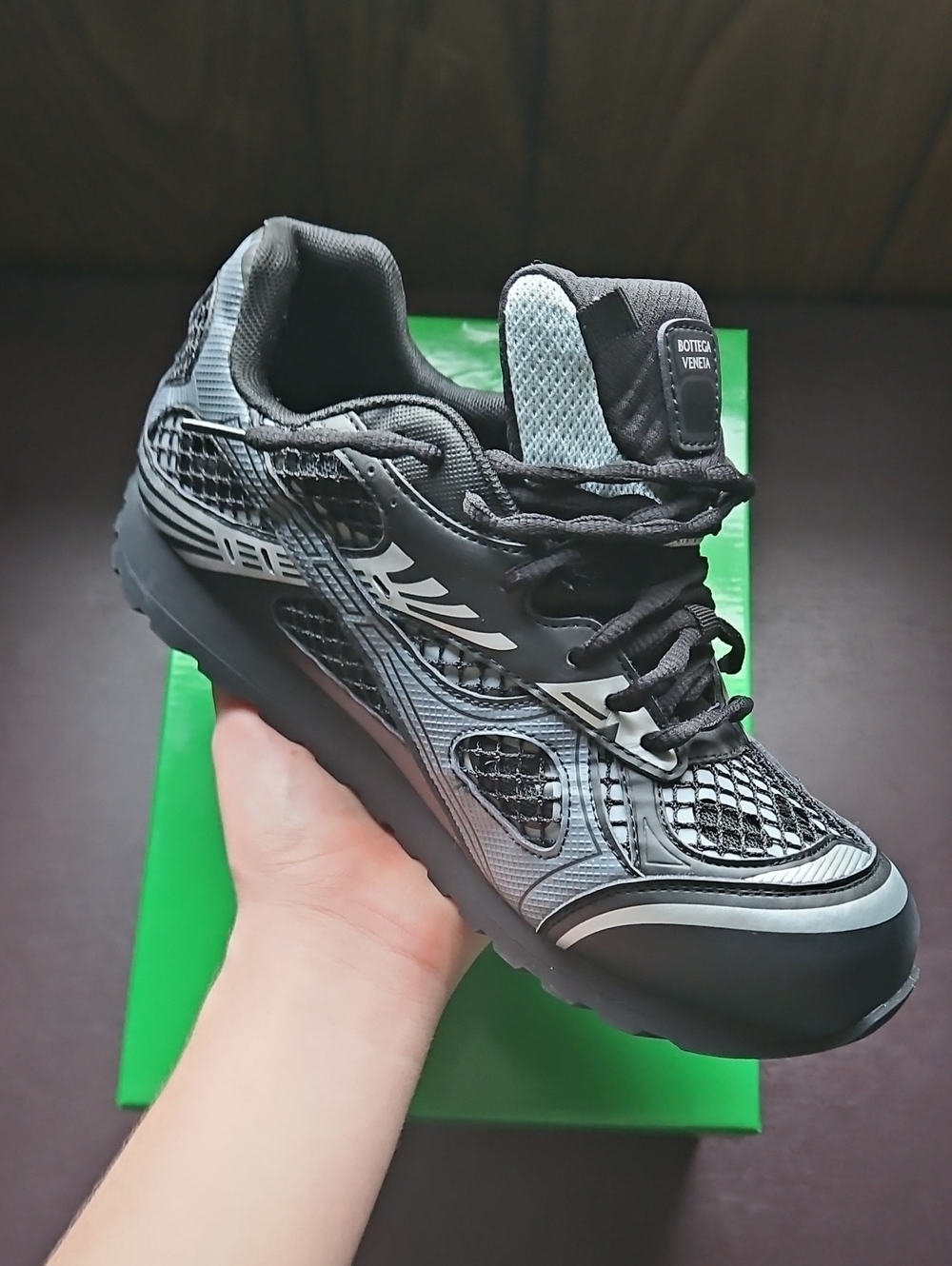 Bottega Veneta Mens Black and Gray Mesh Trail Sneakers